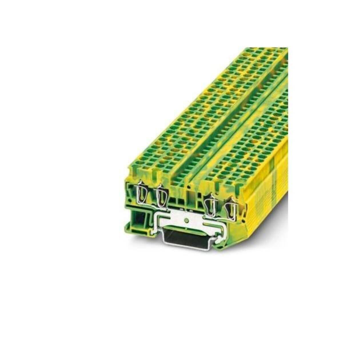 Nahaufnahme eines grün-gelben elektrischen Klemmenblocks auf weißem Hintergrund, der seinen Querschnitt und die Verbindungsklemmen zeigt.