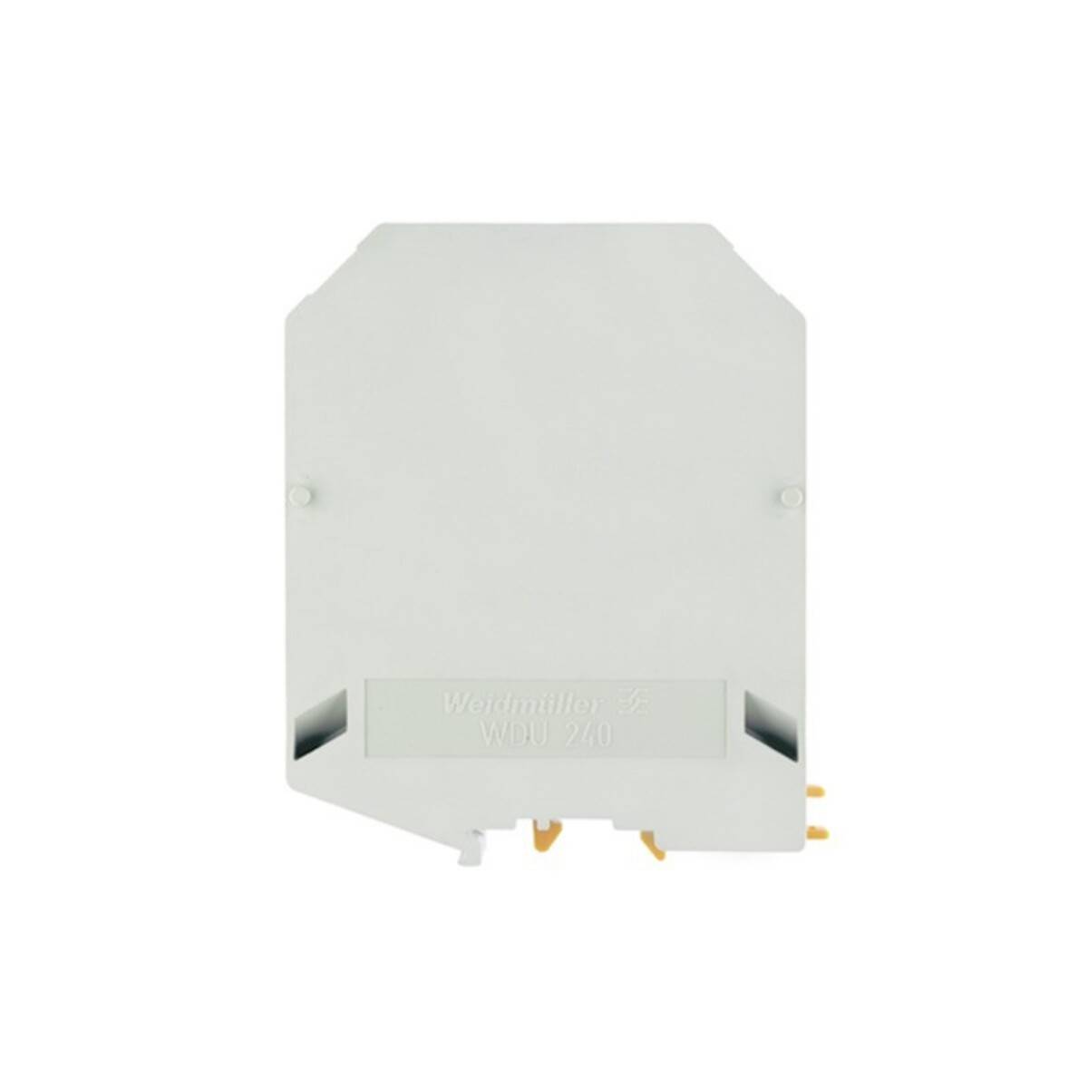 Ein weißes modulares Gerät mit einem mathematischen Symboldesign auf seiner Oberfläche, das goldene Anschlüsse am unteren Ende freilegt.