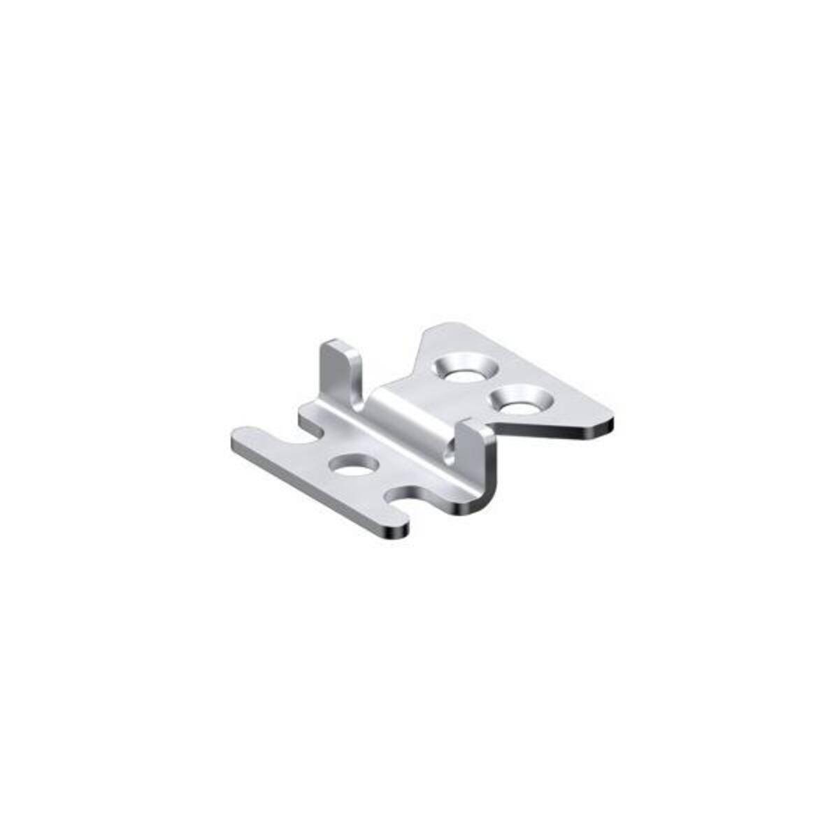 Eine kleine, metallische Halterung mit zwei kreisrunden Löchern und einem gehakten Design, die zum Montieren oder Befestigen von Gegenständen verwendet wird.