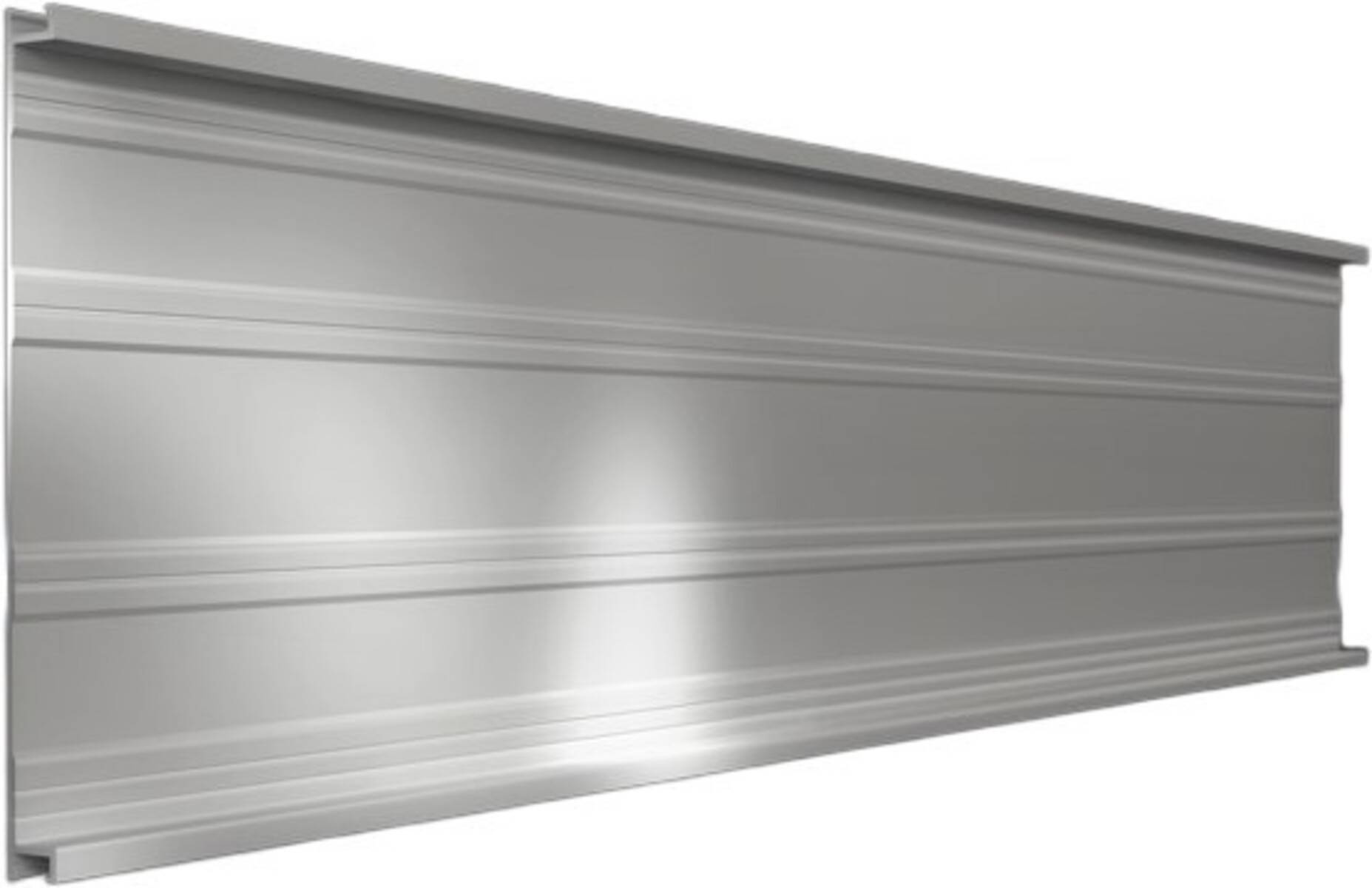 Silbermetall-Wandpanel mit horizontalen Rippen, in Perspektive auf weißem Hintergrund dargestellt.