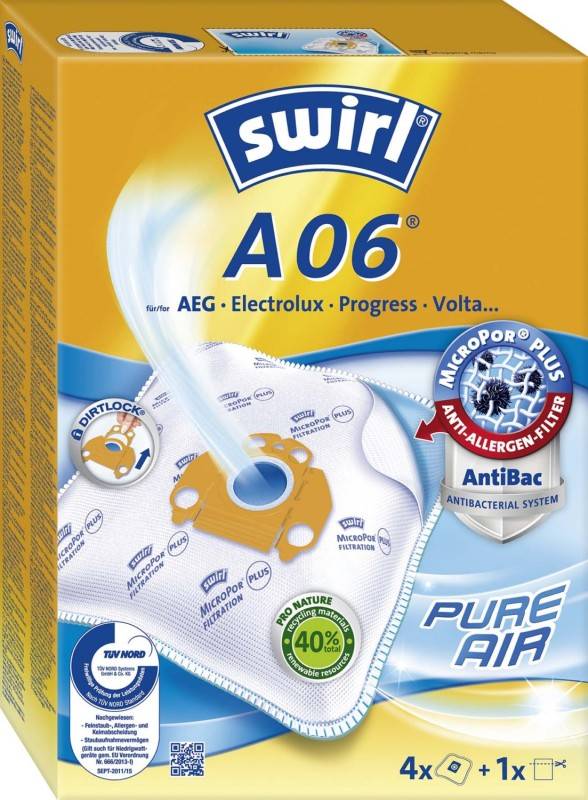 Staubsaugerbeutel 'Swirl A06', mit Hervorhebung von Eigenschaften wie 'Micropor Plus Allergenfilter', 'AntiBac Antibakterielles System' und 'Pure Air'. Für AEG, Electrolux, Progress, Volta Modelle.