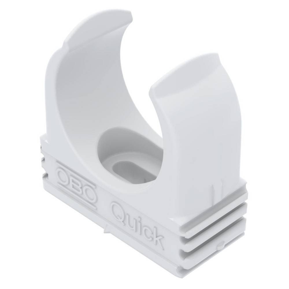 Weißer Plastik-Kabelklemme mit 'OBO Quick' Beschriftung, die ein abgerundetes, offenes Design zum ordentlichen Befestigen von Kabeln aufweist.