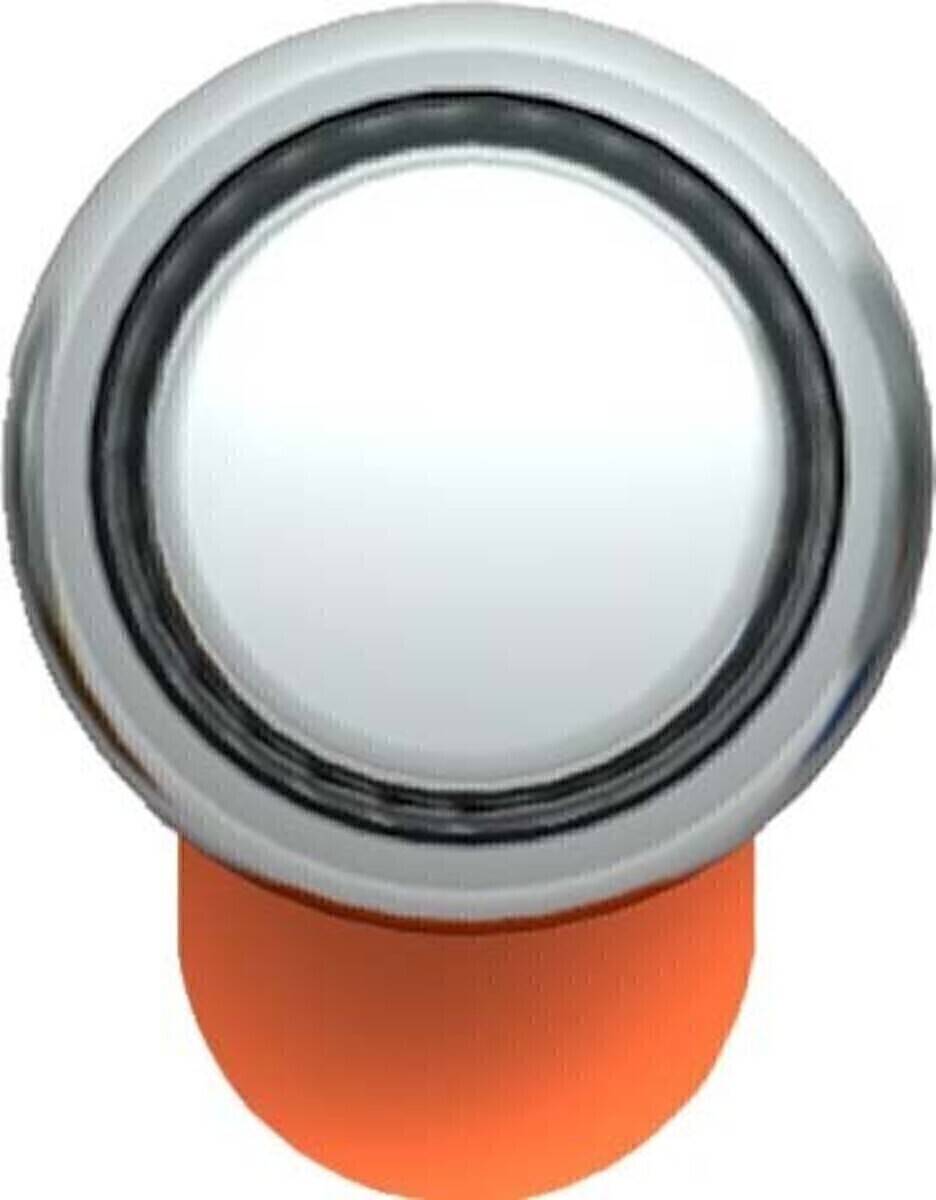 Eine große, kreisrunde silberne Taste mit weißem Zentrum auf orangefarbenem Hintergrund. Die Taste scheint Teil eines Geräts oder einer Maschine zu sein.