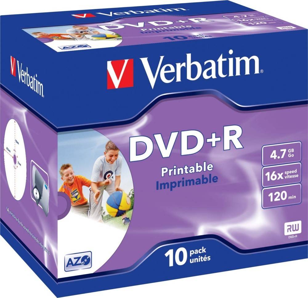 Verbatim DVD+R 10er-Packung, 4,7 GB Kapazität, 16-fache Geschwindigkeit, 120 Minuten Aufnahmezeit, bedruckbare Oberfläche, lila und blaue Verpackung.