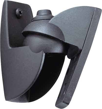 Ein schwarzer, wandmontierter Halter mit einem runden, verstellbaren Gelenk, wahrscheinlich zum Stützen eines Geräts oder einer Vorrichtung.