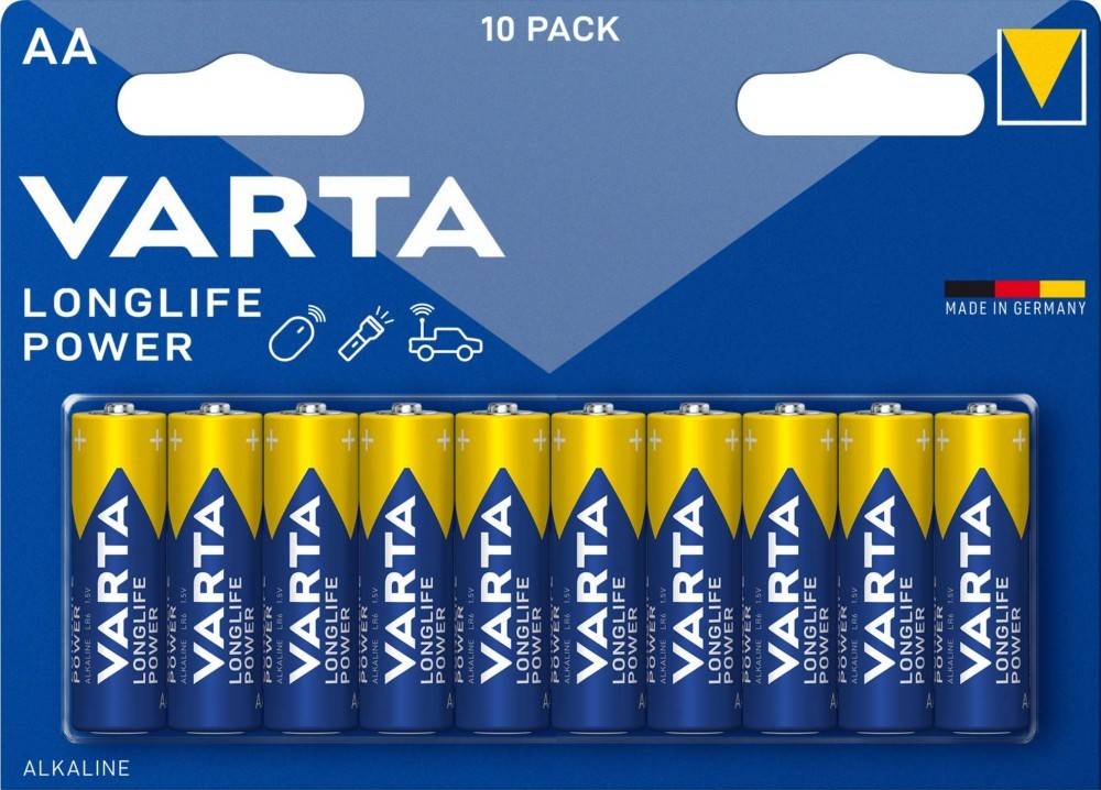 Zehnerpack Varta Longlife AA-Batterien, blaue und gelbe Verpackung, gekennzeichnet zur Verwendung in elektronischen Geräten, vor blauem Hintergrund hervorgehoben.
