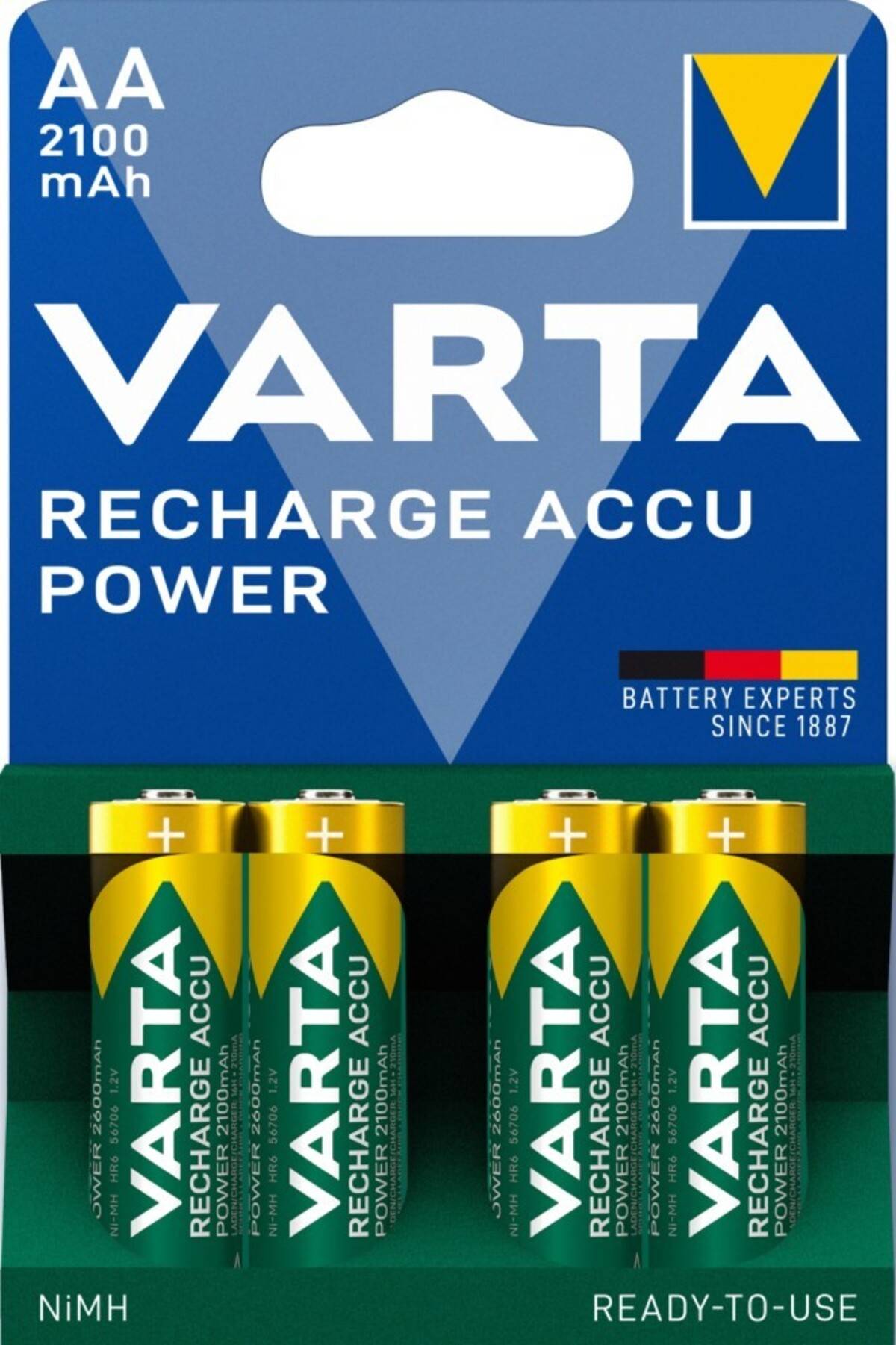 VARTA AA 2100 mAh wiederaufladbare NiMH-Batterien Packung mit vier einsatzbereiten Batterien.