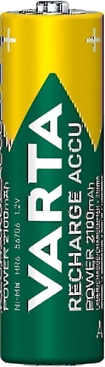 AA-Batterie mit Aufschrift 'RECHARGE ACCU', die eine Spannung von 1,2V und eine Kapazität von 2100mAh anzeigt.