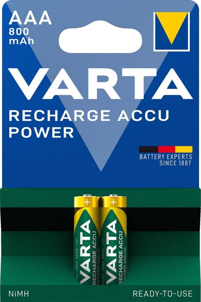 Packung mit Varta Recharge Accu Power AA-Batterien, die zwei Batterien mit einem Etikett 