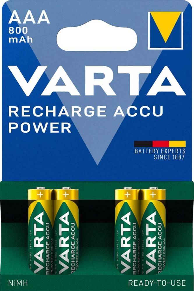 Verpackung von vier Varta Akku AA-Batterien mit Markenbeschriftung und Kapazitätsinformationen.