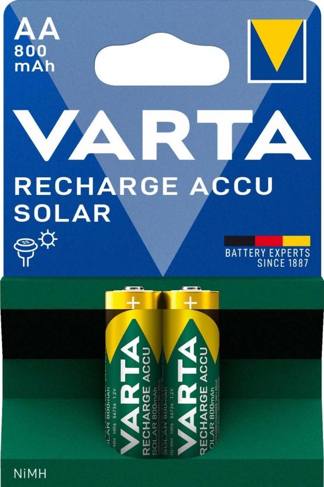 Varta Solar-Wiederaufladbare Batterien Verpackung, mit zwei AA-Batterien und dem Slogan 