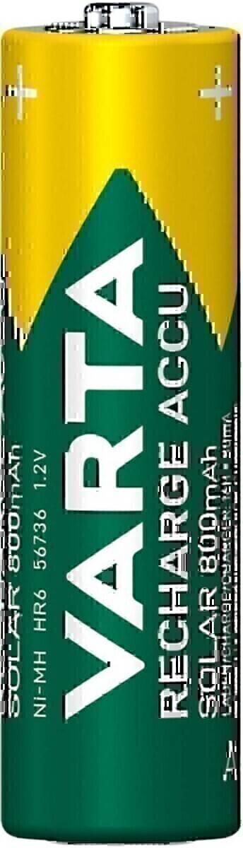 Eine grün-weiße wiederaufladbare Batterie mit der Bezeichnung 'Varta' mit Spezifikationen: 1,2V, 2100mAh, Ni-MH, hergestellt in Deutschland.