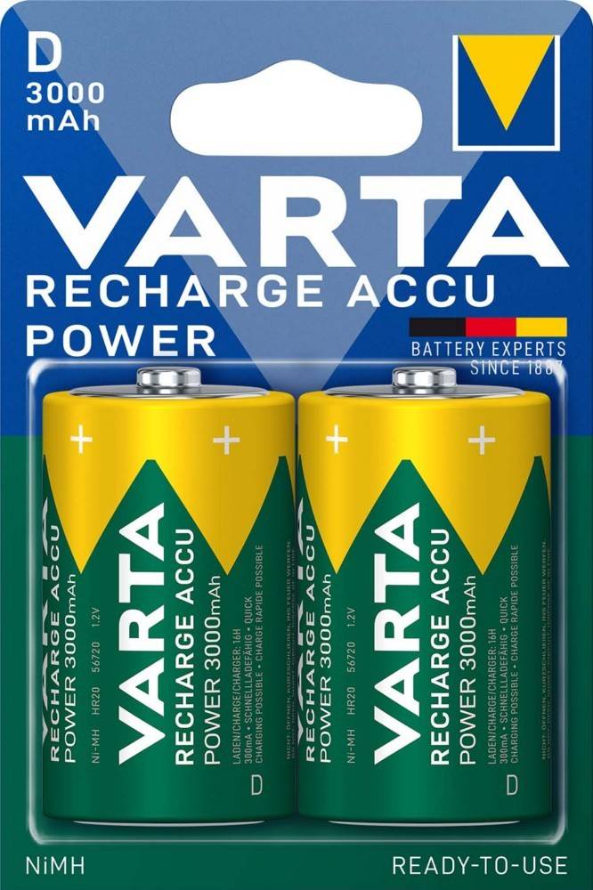 VARTA RECHARGE ACCU POWER Packung zeigt zwei Akkus mit der Beschriftung '3000mAh' und 'Aufladbar', die für elektronische Geräte entwickelt sind.
