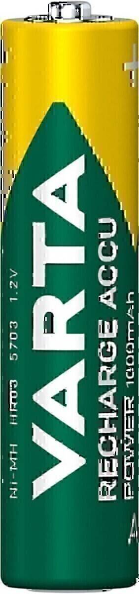 Eine grüne wiederaufladbare AA-Batterie mit der Beschriftung '1,2V 5703', mit Text, der eine Kapazität von 600 mAh angibt, und sichtbaren Markeninformationen.