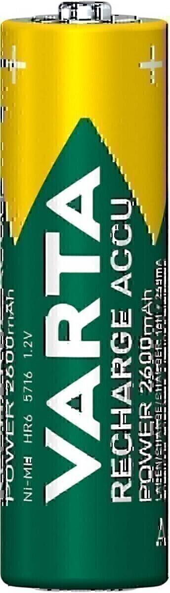 Grüne wiederaufladbare Batterie mit der Beschriftung 'VARTA AA' in weißer und gelber Schrift, die eine Kapazität von 1600mAh und 1,2V anzeigt.