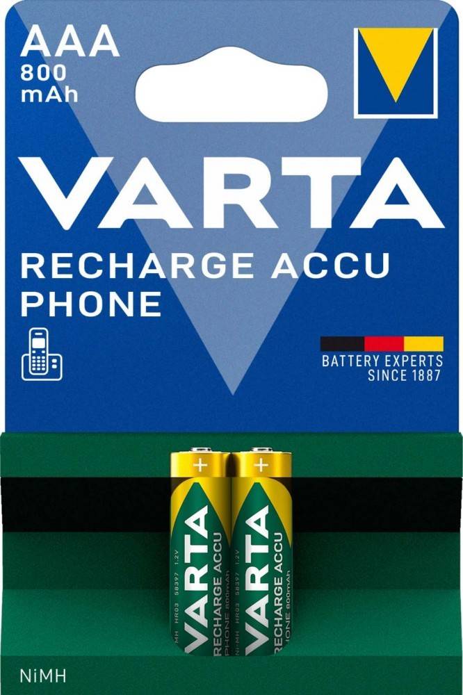 VARTA Telefon-Ladegerät-Verpackung mit zwei wiederaufladbaren Batterien. Die Verpackung trägt den Schriftzug 