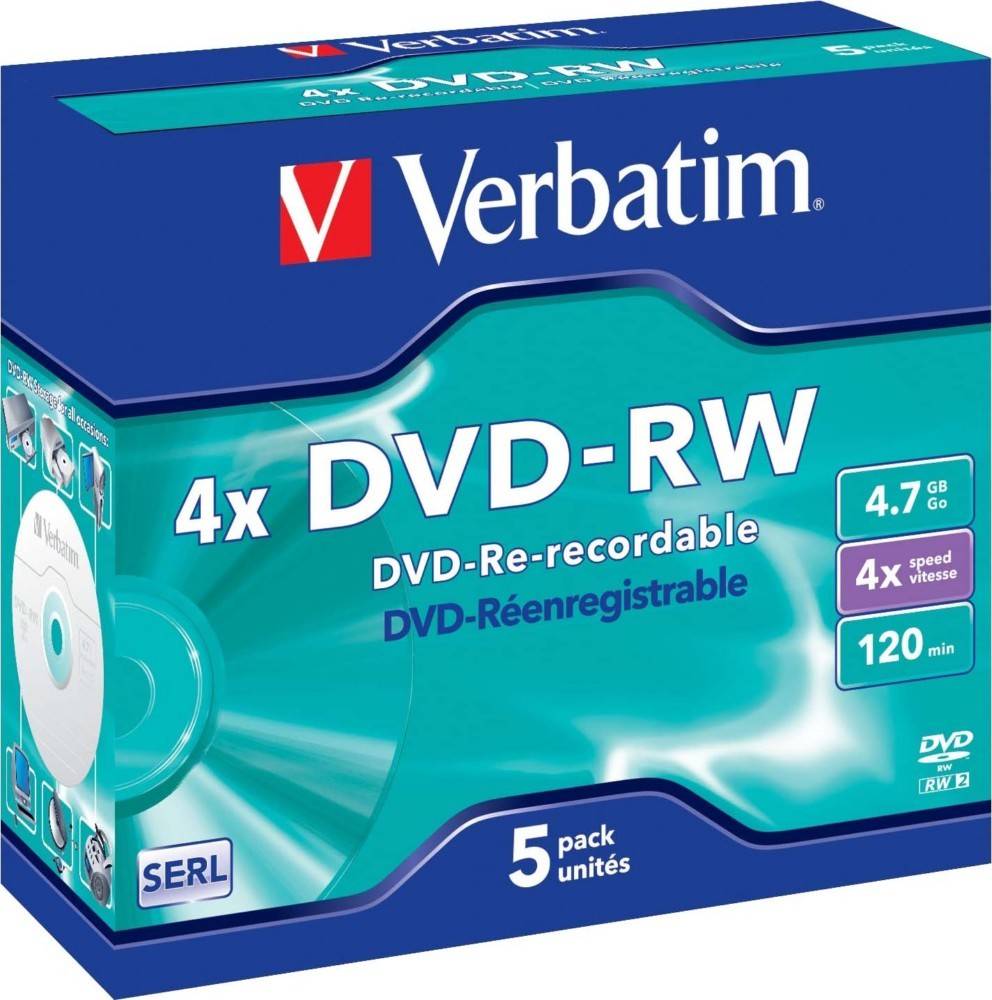 Verbatim 4x DVD-RW, 4,7 GB, 120 min, 5er-Pack. Blaue Verpackung mit weißen Texthervorhebungen, die die wiederbeschreibbare Funktion und Geschwindigkeitsdetails betonen.