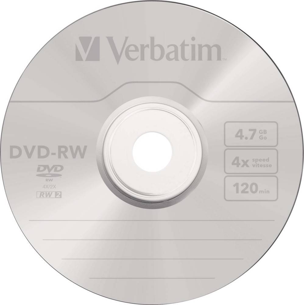 Eine Verbatim DVD-RW-Disc mit 4,7 GB Kapazität, 4-facher Geschwindigkeit und 120 Minuten Aufnahmezeit, die Marke und Spezifikationen zeigt.