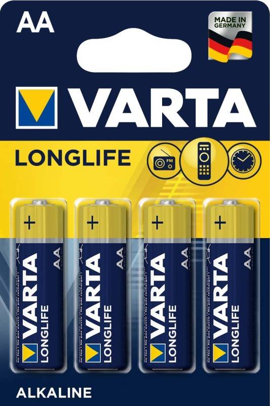 VARTA Longlife' AA-Batterien, Viererpack, entwickelt für Uhren, UKW-Radio und Fernbedienungen. Blau-gelbe Verpackung.