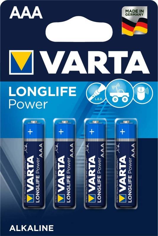 Vier VARTA LONGLIFE Power AAA-Batterien in einer Packung, geeignet für Geräte wie LED-Leuchten und Spielzeug, mit Hervorhebung von Langlebigkeit und Effizienz.