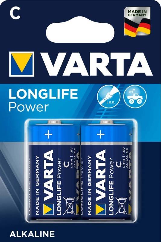 Verpackung von 'VARTA LONGLIFE Power' Batterien, die zwei blaue C-Batterien mit 'LED'- und 'Spielzeug'-Symbolen zeigt, welche geeignete Verwendungsmöglichkeiten andeuten.