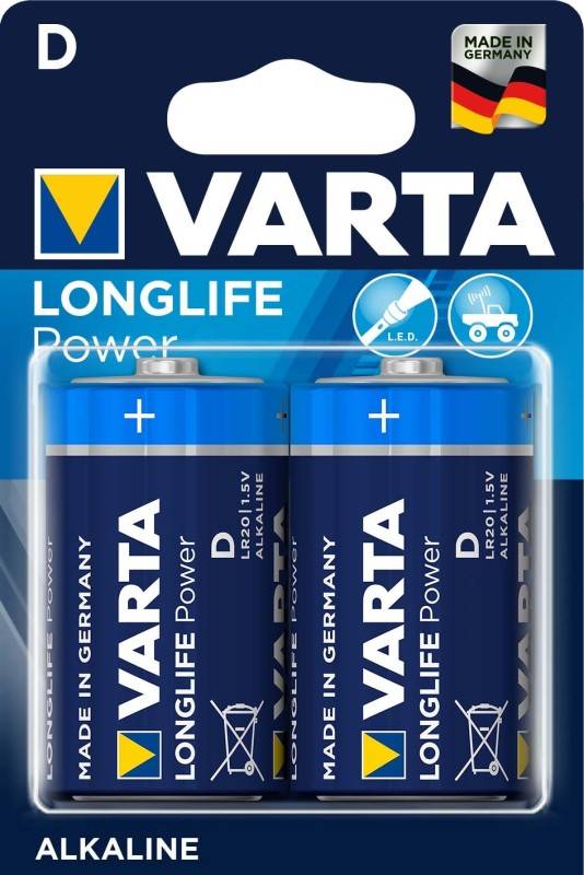 Varta Longlife Power D Alkaline-Batterien-Pack, mit zwei Batterien für Geräte mit LED- und Motor-Symbolen, 1,5V.