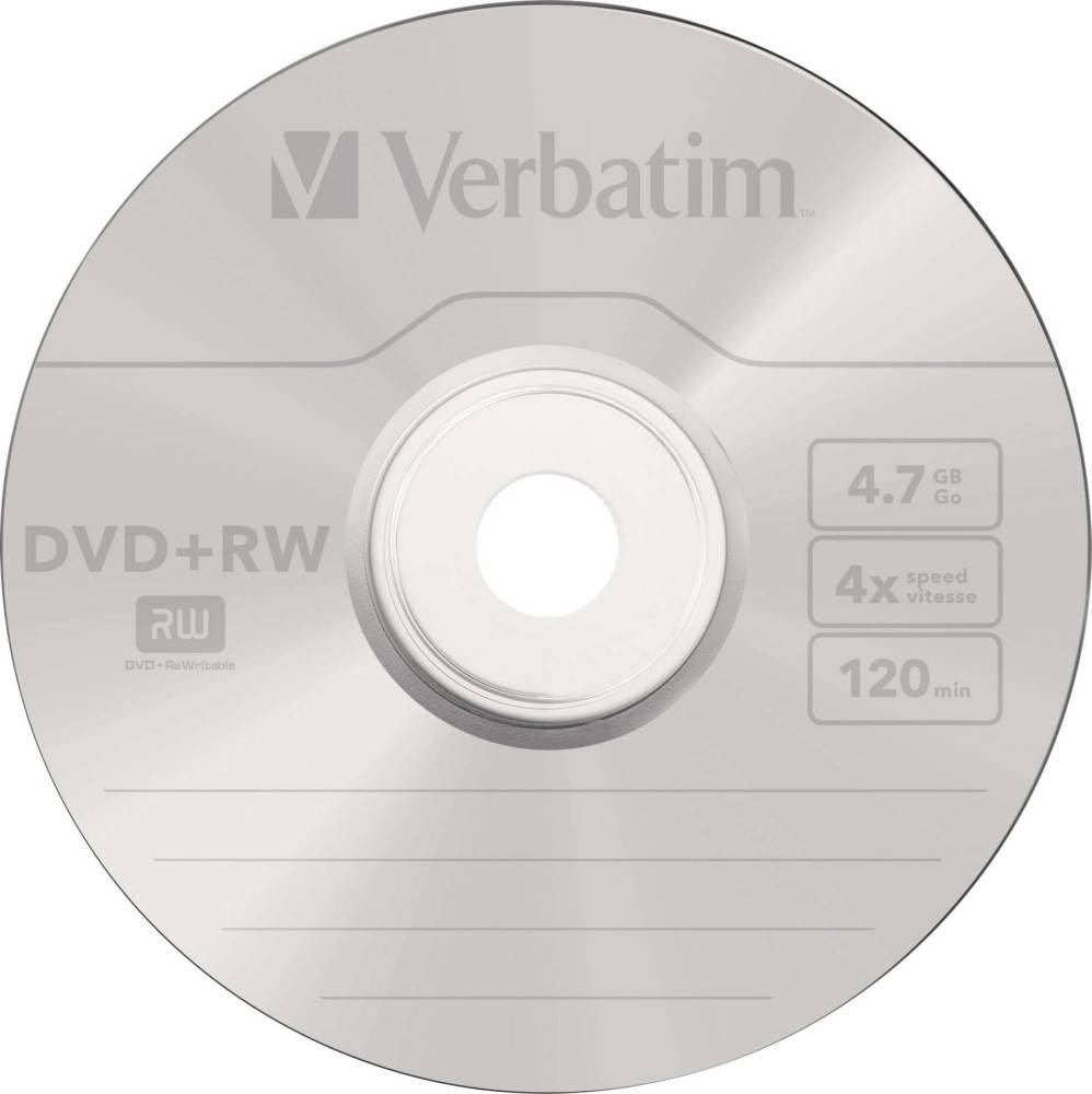 Eine silberne Verbatim DVD+RW-Disc mit einer Kapazität von 4,7 GB und einer Aufnahmezeit von 120 Minuten, gekennzeichnet zur Wiederverwendung; ideal für Datenspeicherung oder Medien.