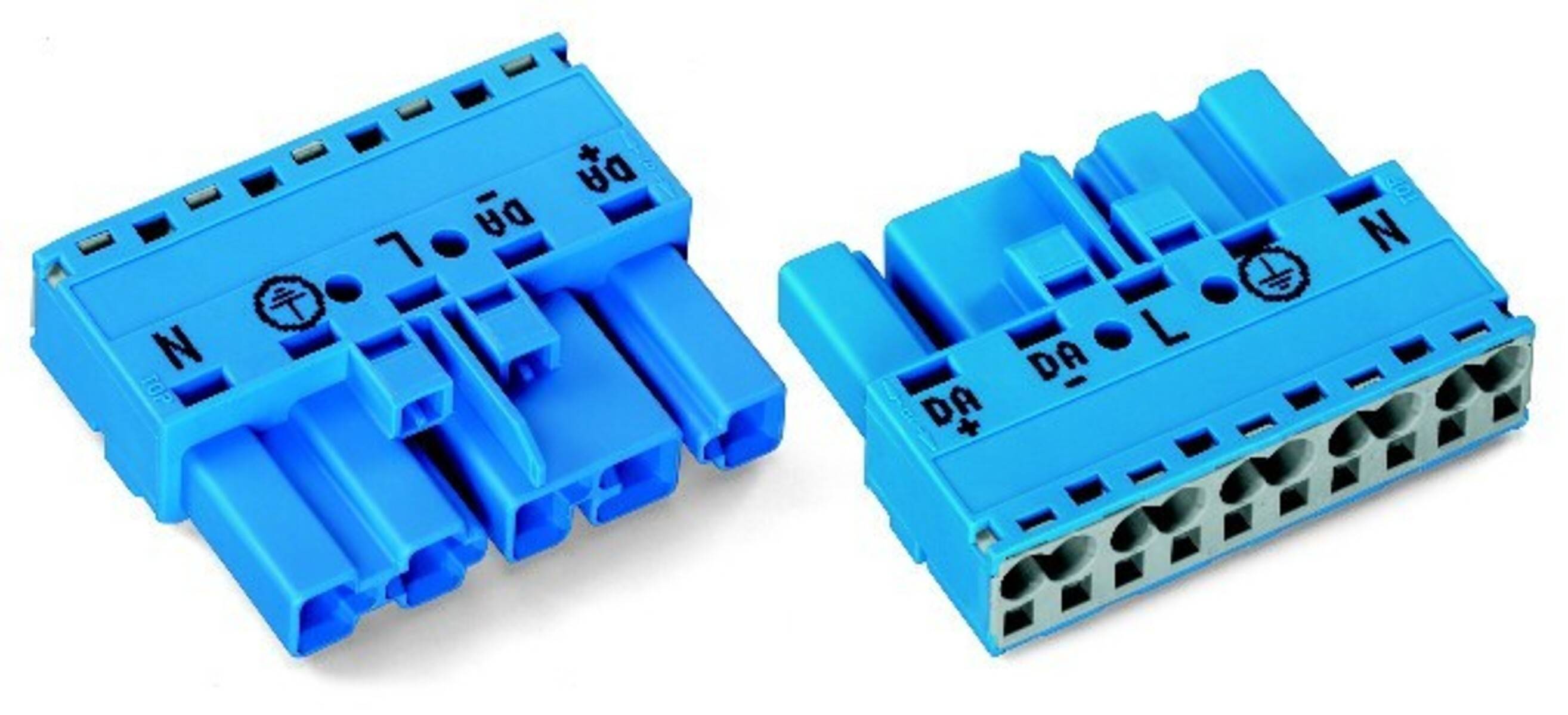 Blauer Elektroschnellverbinder mit gekennzeichneten Anschlüssen für Neutral-, Phase- und Erdungsleiter, von zwei Winkeln auf weißem Untergrund dargestellt.