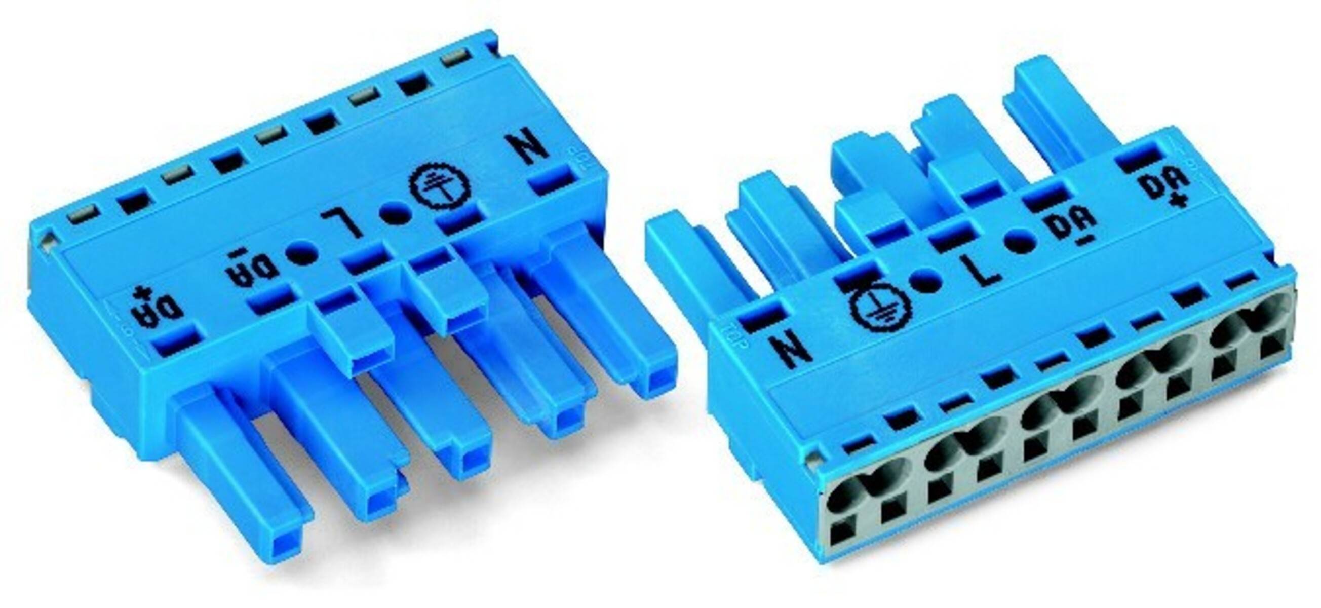 Zwei blaue Elektroklemmenblöcke, die aus verschiedenen Winkeln gezeigt werden, mit Beschriftungen für Neutral-, Phasen- und Erdungsverbindungen.