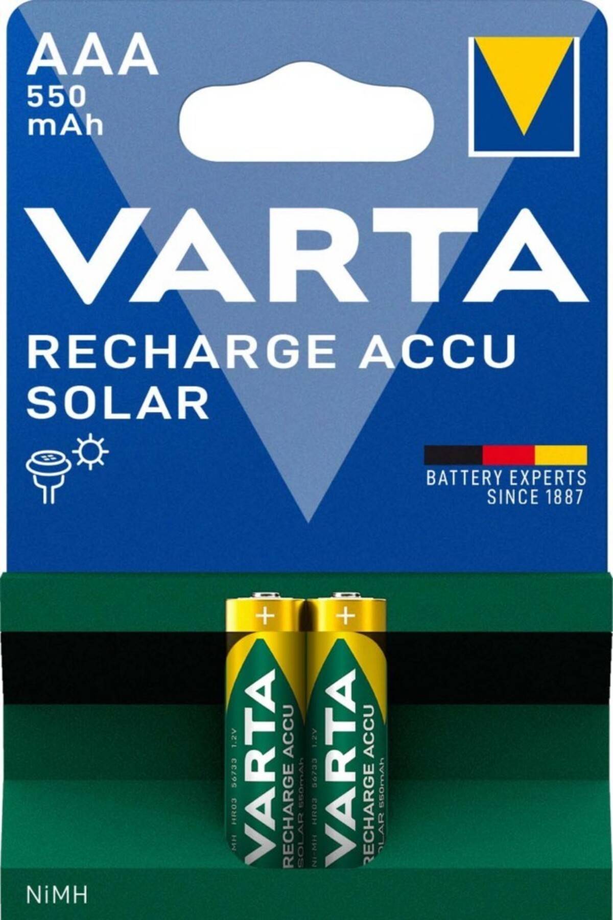 VARTA AAA 550 mAh wiederaufladbare NiMH-Batterien Packung mit zwei Batterien unten abgebildet.