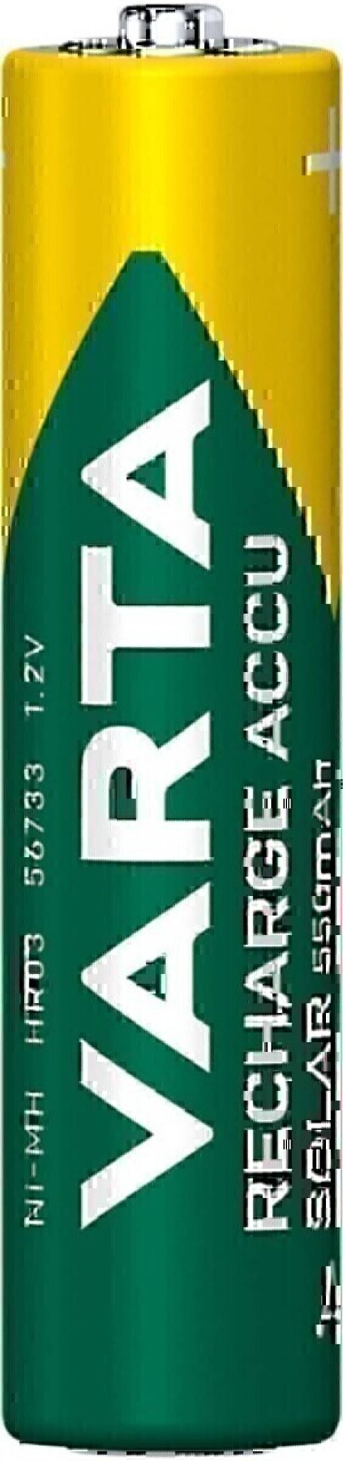 Eine aufrecht stehende gelb-grüne VARTA Recharge Accu 1,2V Wiederaufladbare Batterie mit Marken- und Produkttext auf dem Etikett.