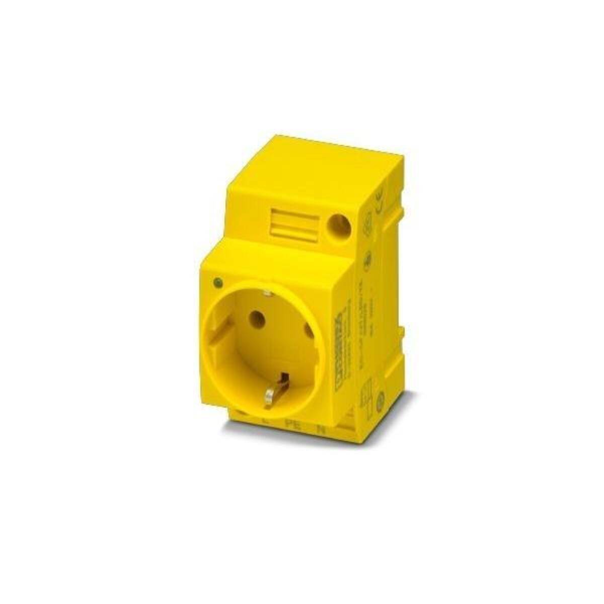 Gelber Elektrostecker-Adapter/Modul mit rundem Ausgangsanschluss an der Vorderseite und Montageschlitz, gezeigt auf weißem Hintergrund.