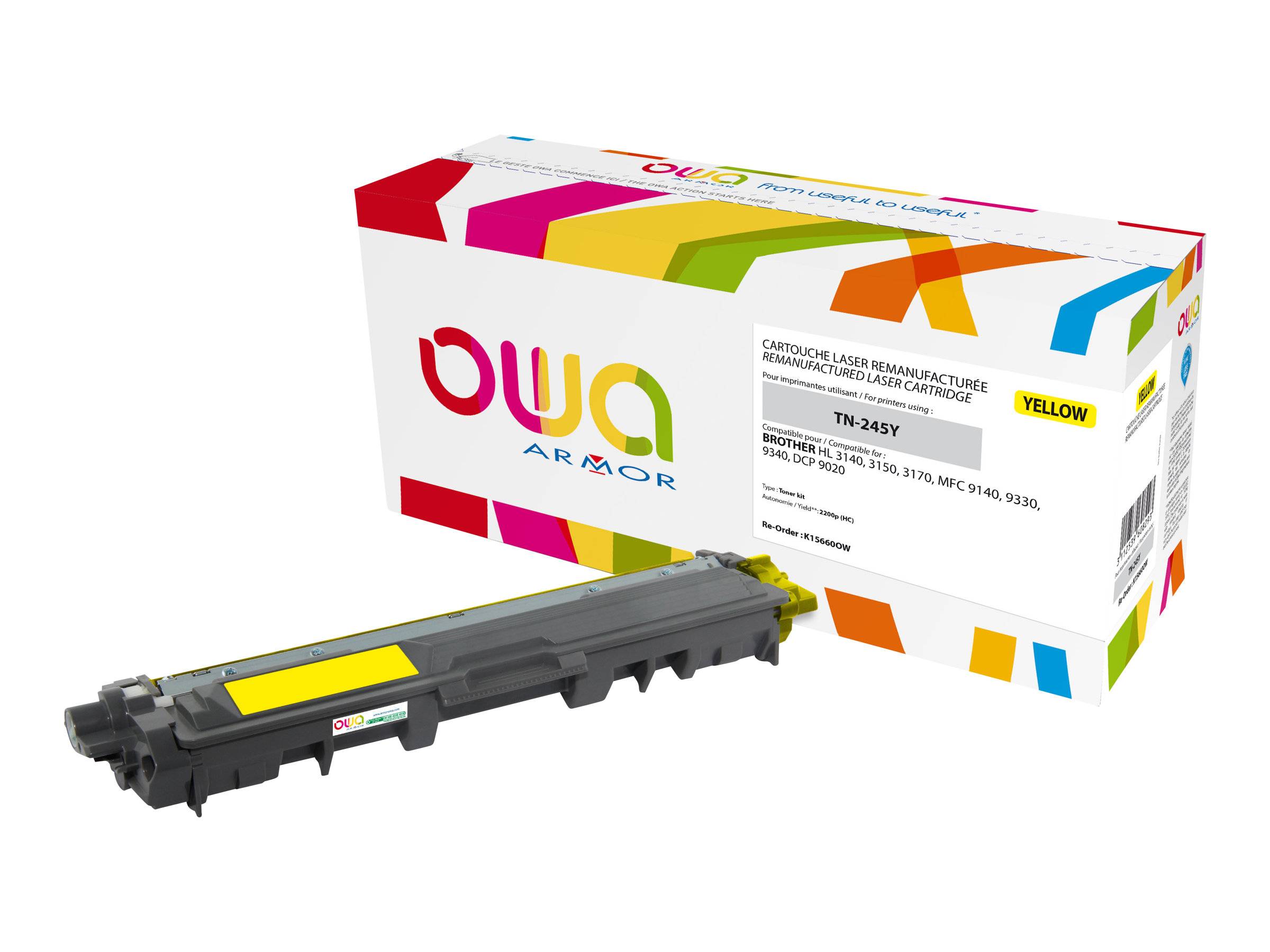 Eine DUGA Armor gelbe Tonerkassette, die mit ihrer farblich gestalteten Produktverpackung gezeigt wird.