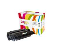 Schwarze Druckertonerkassette vor einer bunten "oua""-Produktbox auf weißem Hintergrund.