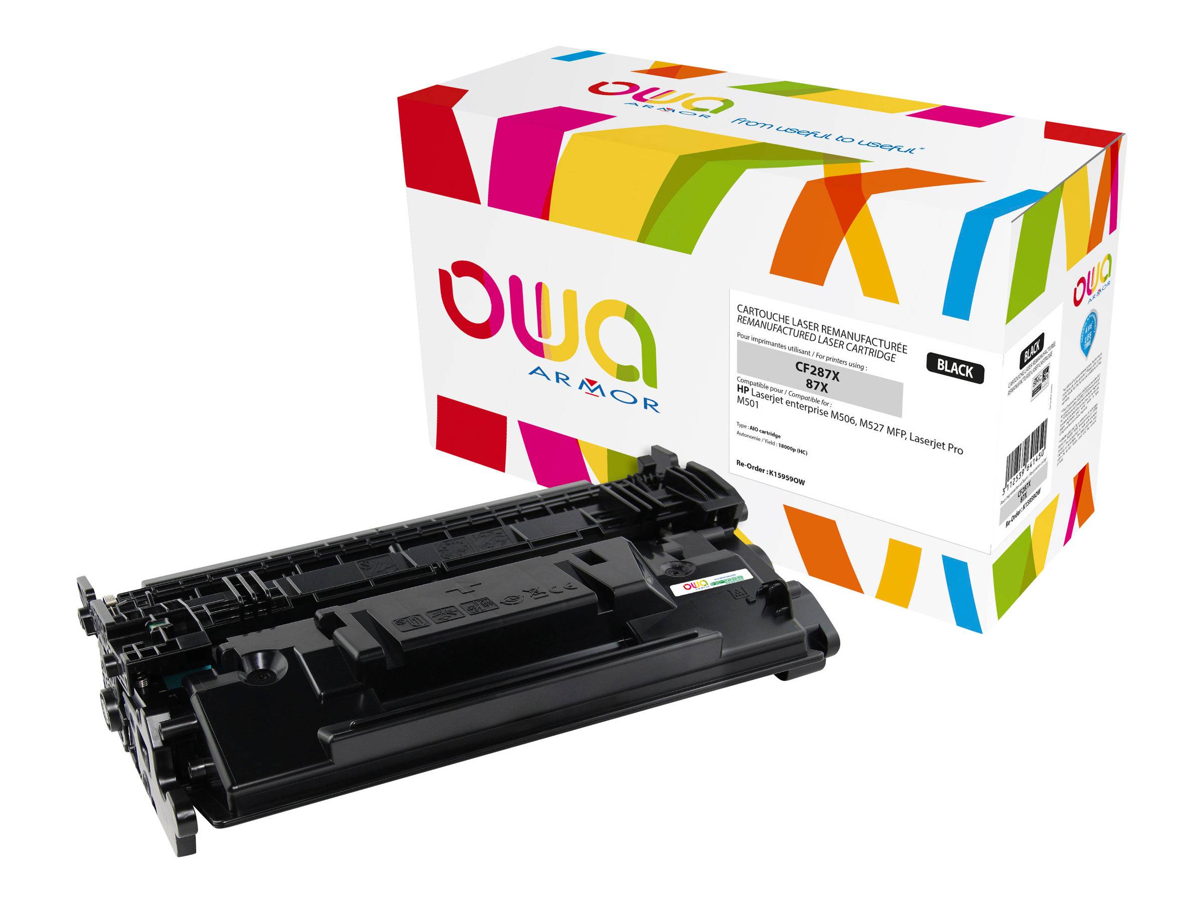 Schwarze Druckertonerkassette neben einer bunten OWA Armor-Box auf weißem Hintergrund.