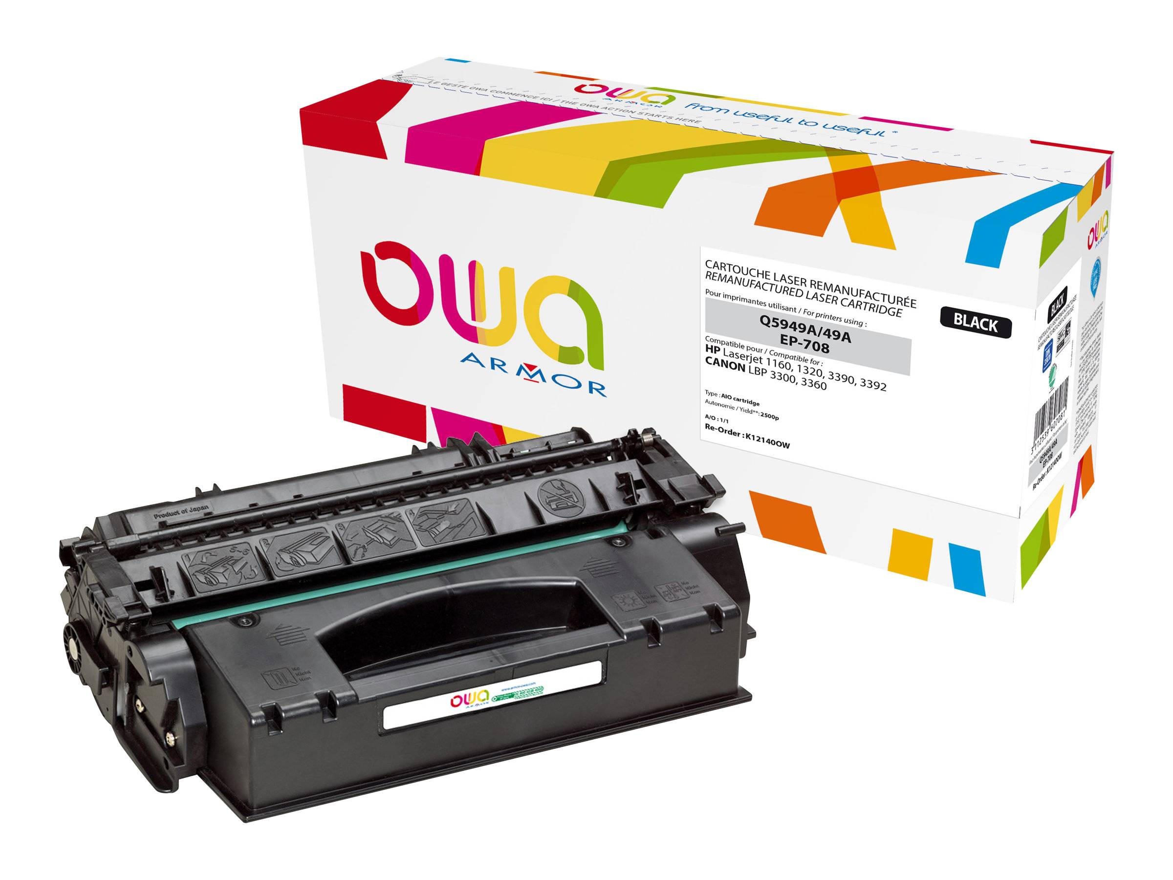 Schwarze Tonerkassette vor einer farbenfrohen OWA Armor-Kartuschenbox, Produktverpackung für nachgefertigte Laserdrucker-Toner.