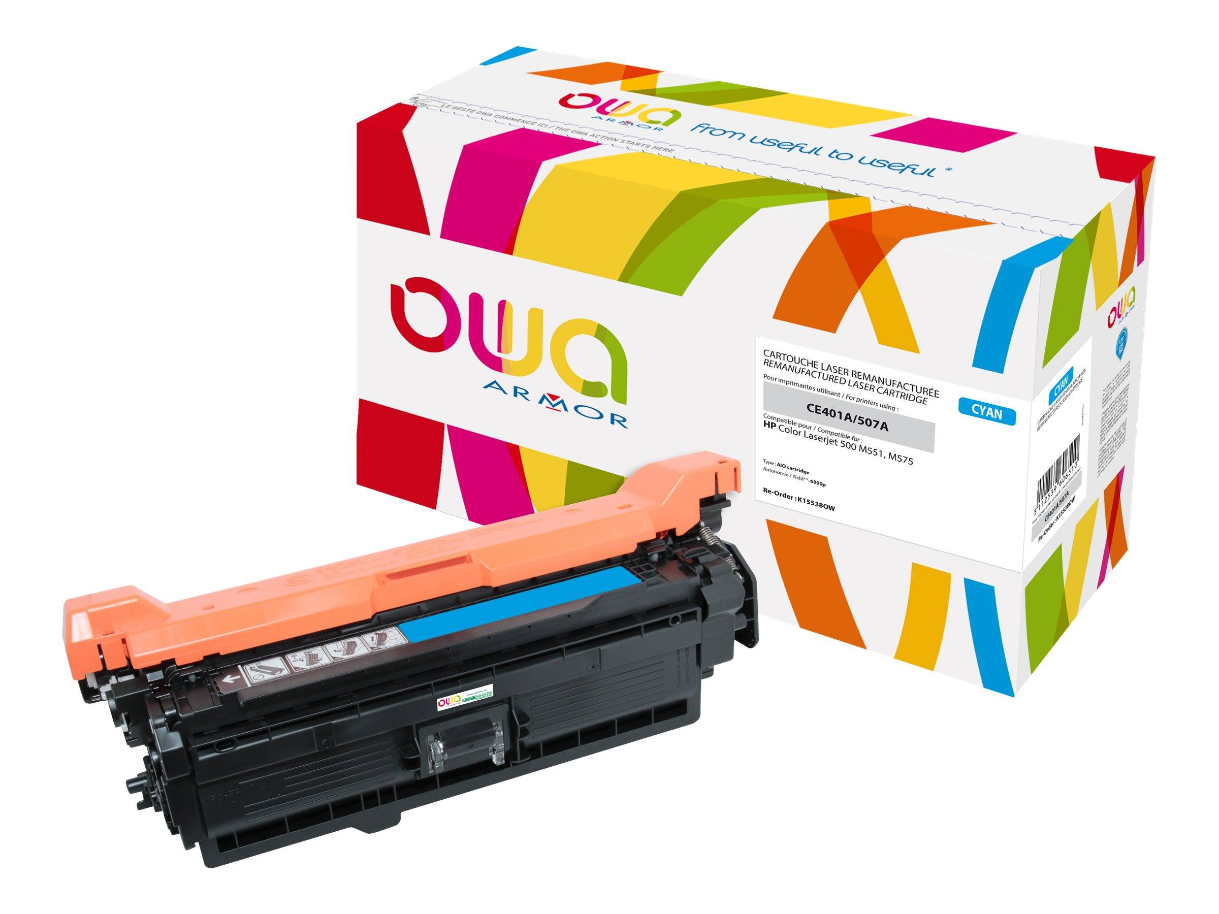 Eine schwarz-orangefarbene Laserdrucker-Tonerpatrone wird vor einer farbenfrohen OWA Armor-Schachtel gezeigt.