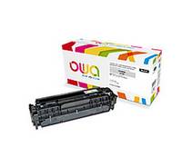 Schwarze Druckertonerkassette mit bunter OWA-Ersatztoner-Box auf weißem Hintergrund.