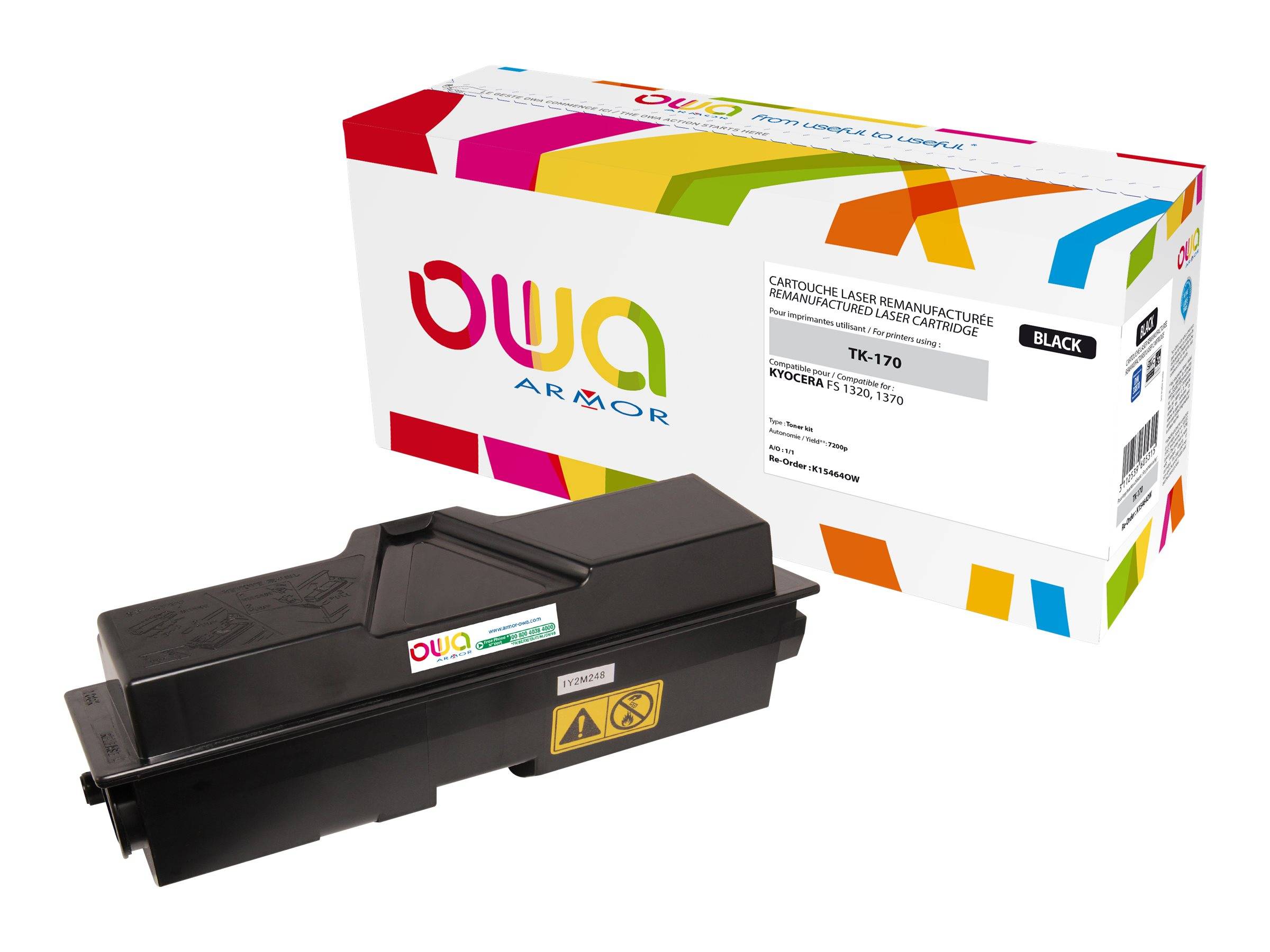 Schwarze Ouwa Armor Laserdrucker-Tonerpatrone vor einer farbigen Ouwa-Produktbox mit dem Etikett TK-170 und Schwarz.