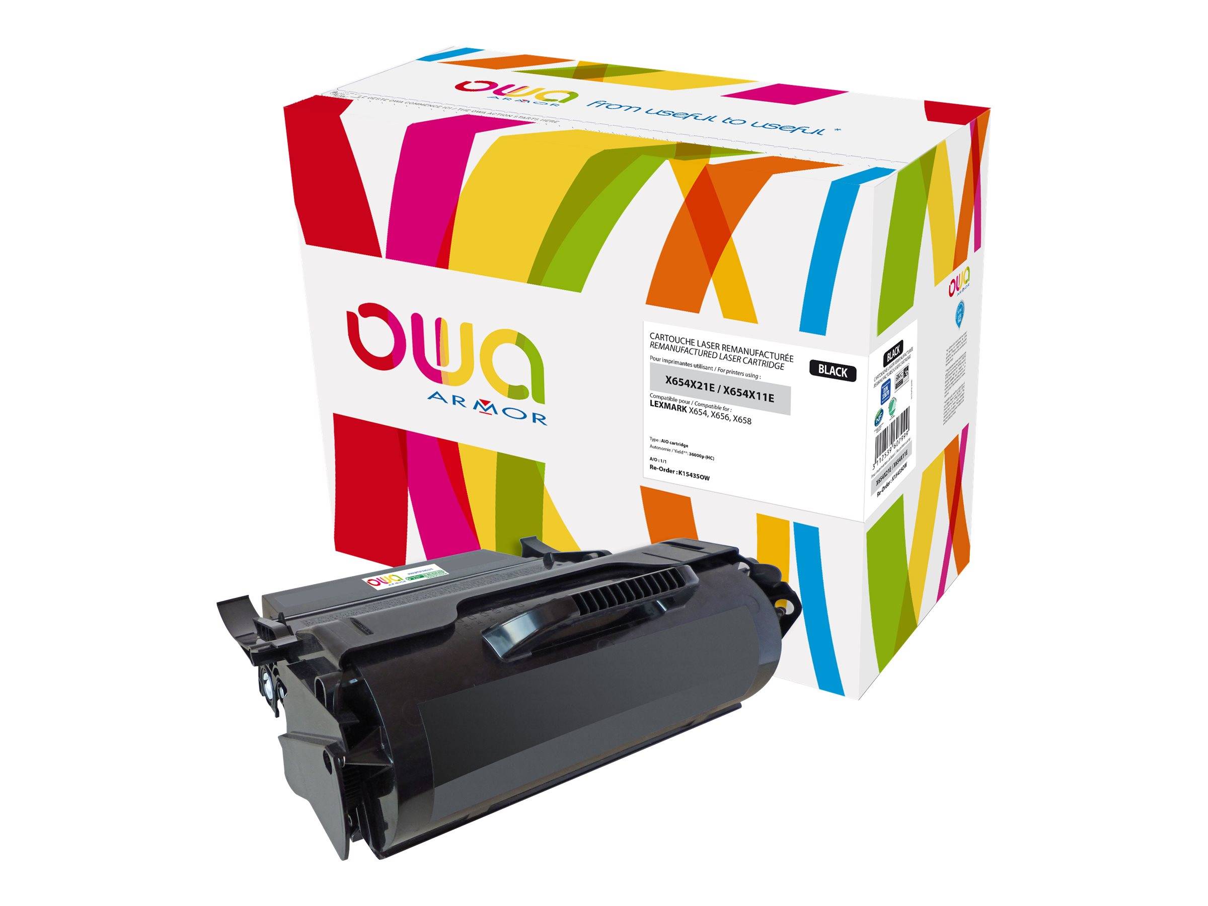 Schwarze Druckertonerkassette vor einer bunten 