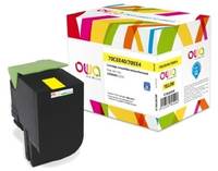 Schwarze Druckertonerkassette neben bunter OUGA-Einzelhandelskartonverpackung auf weißem Hintergrund.