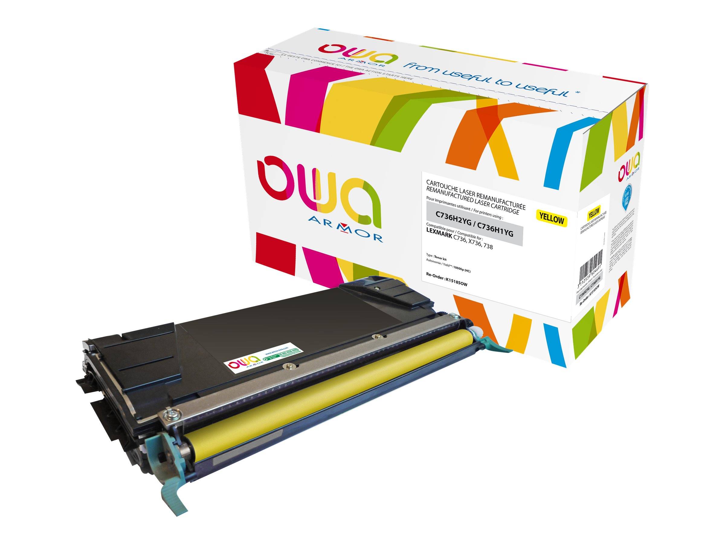 Owa Armor Druckertoner-Patrone neben ihrer farbenfrohen Produktbox, die eine gelbe Patrone für einen Laserdrucker zeigt.
