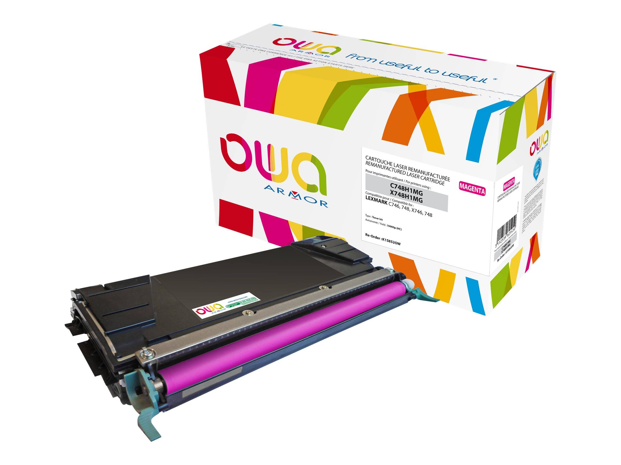 Magenta-Druckertoner-Patrone mit Markeneinzelhandelsverpackung, gezeigt als Produktfoto auf weißem Hintergrund.