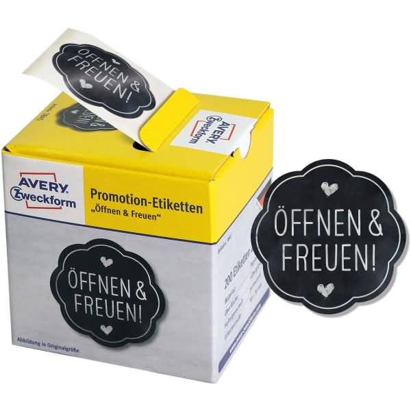 Promotion-Etiketten 'Öffnen & Freuen!' 38mm grau/silberVE=200 Stück