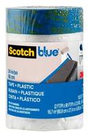Rolle Scotch Blue Malerband, gekennzeichnet für Kunststoff und saubere Entfernung, auf der Produktverpackung gezeigt.