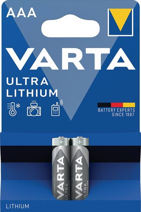 Verpackung der 'Varta Ultra Lithium' Batterie zeigt zwei Batterien. Das Design enthält Symbole für Kamera und technische Geräte und trägt den Schriftzug 'Batterieexperten seit 1887'.