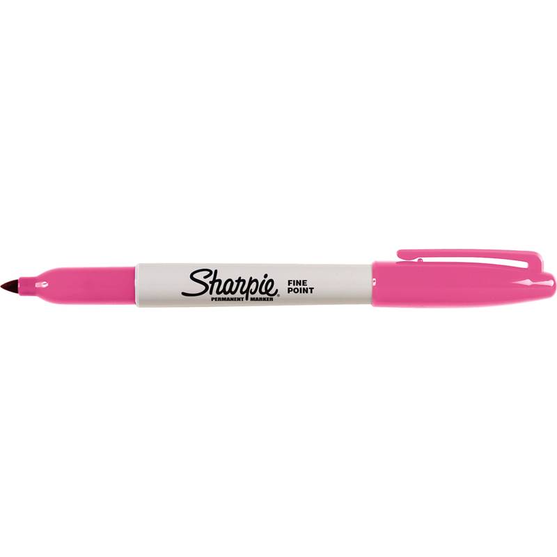 Rosa Sharpie-Fineliner-Permanentmarker mit aufgesetztem Deckel, horizontal auf weißem Hintergrund dargestellt.