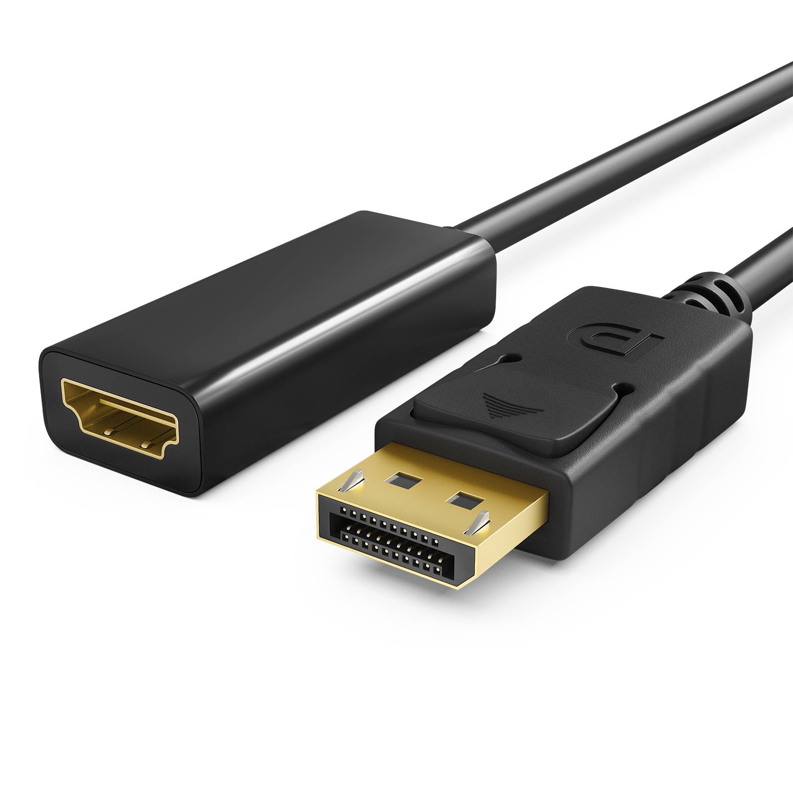 DisplayPort-zu-HDMI-Adapterkabel mit schwarzen Steckern auf weißem Hintergrund, zeigt einen DisplayPort-Stecker und einen HDMI-Buchse.