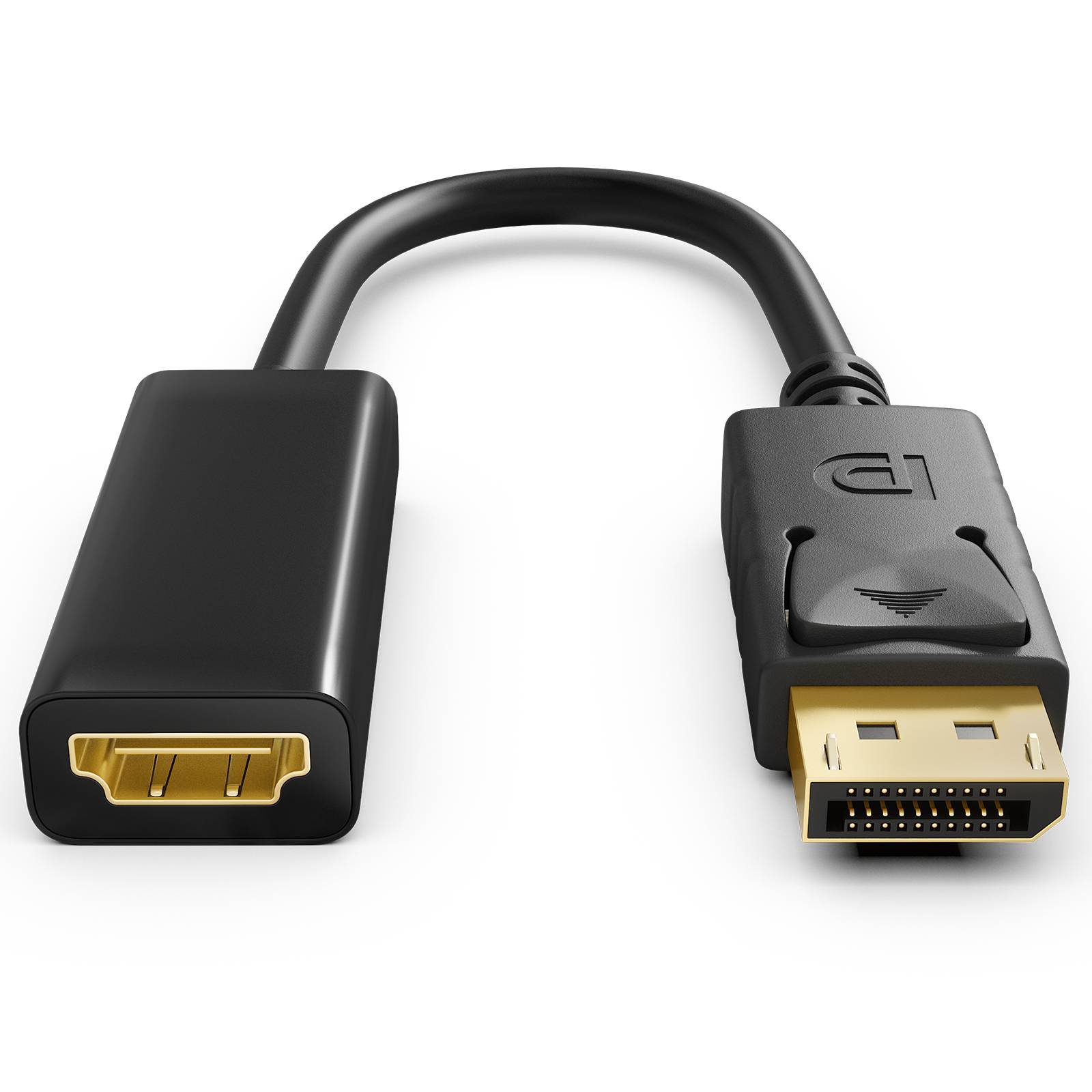 Schwarzes DisplayPort-zu-HDMI-Adapterkabel mit DisplayPort-Stecker und HDMI-Buchse auf weißem Hintergrund