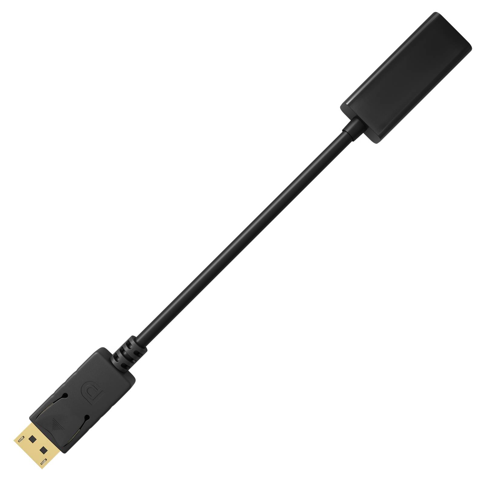 Schwarzes DisplayPort-zu-HDMI-Adapterkabel mit männlichem DisplayPort-Stecker und HDMI-Anschluss